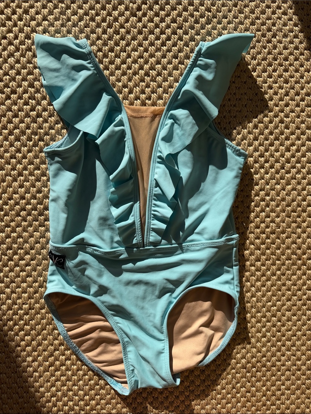 Kandi Kouture Girls' Aqua Ruffle Front One-Piece leotard size child large 7/8